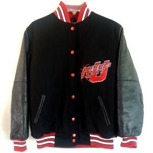 Vtg Hoops City U Womens XS Varsity Bomber Jacket Red Black Leather Sleeves Retro